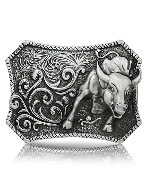 RechicGu Western Belt Buckle 3D Engraved Long Horn Bull Cowboy Texas Rodeo Belt Bukles for Men Women Silver