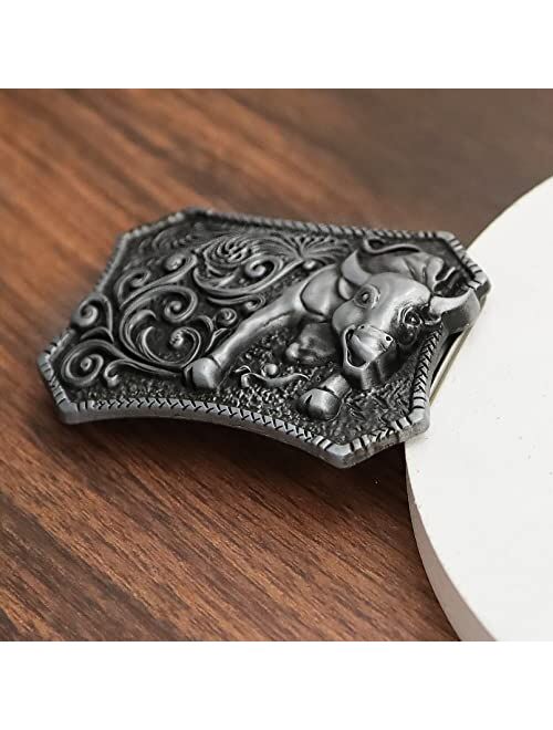 RechicGu Western Belt Buckle 3D Engraved Long Horn Bull Cowboy Texas Rodeo Belt Bukles for Men Women Silver