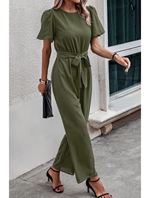 PRETTYGARDEN Jumpsuits for Women Dressy Summer Short Puff Sleeve Wide Leg Pants Romper Belted Casual Outfits