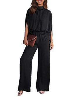 Women's Casual Summer Jumpsuits Short Sleeve Mock Neck Wide Leg Pants Romper One Piece Satin Outfit