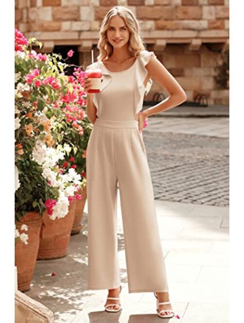 PRETTYGARDEN Women's Summer Backless Jumpsuits Casual Ruffle Cap Sleeve One Piece Wide Leg Pants Romper
