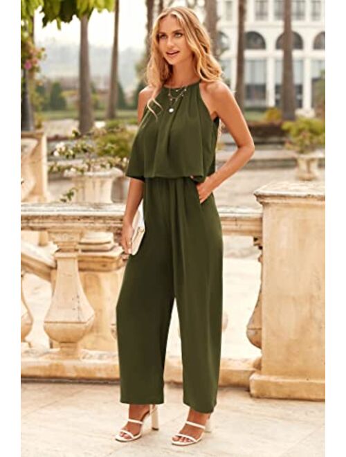 Prettygarden PRETTYGRADEN Women's Casual Summer Sleeveless Jumpsuit Halter Neck Wide Leg Pants Rompers One Piece Outfits