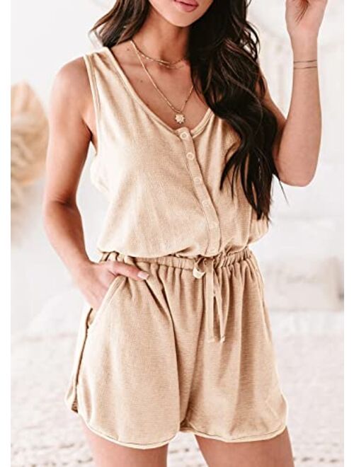 PRETTYGARDEN Women's Summer Casual Shorts Jumpsuit Plain Scoop Neck Button Down Sleeveless Tank Top Rompers With Pockets