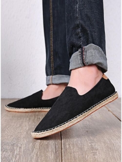 Men Stitch Detail Slip On Loafers, Vacation Black Canvas Espadrille Loafers For Outdoor