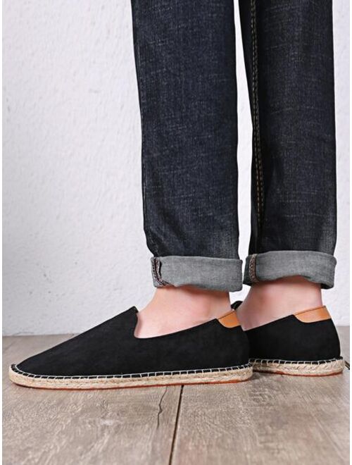 Shein Men Stitch Detail Slip On Loafers, Vacation Black Canvas Espadrille Loafers For Outdoor