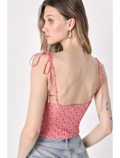 Lulus Summer Senses Pink Floral Print Tie-Strap Crop Top
