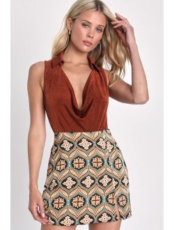Stylish Cutie Brown Multi Print Satin Mini Skirt