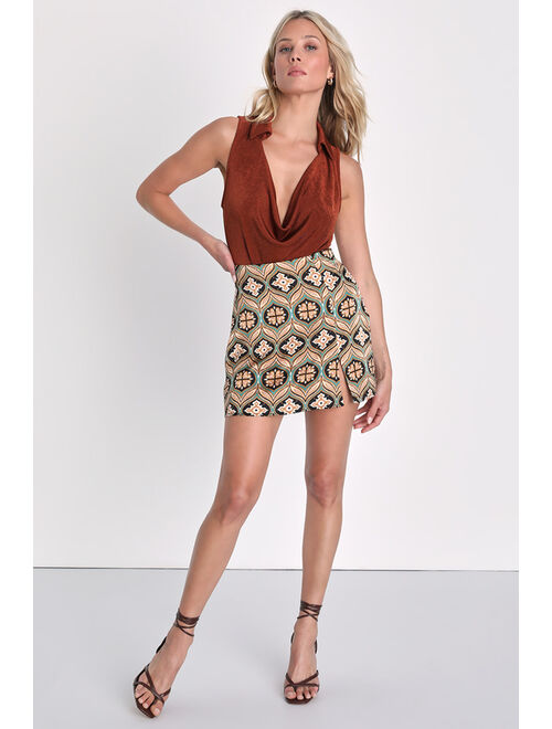 Lulus Stylish Cutie Brown Multi Print Satin Mini Skirt