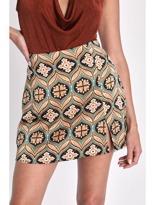 Lulus Stylish Cutie Brown Multi Print Satin Mini Skirt