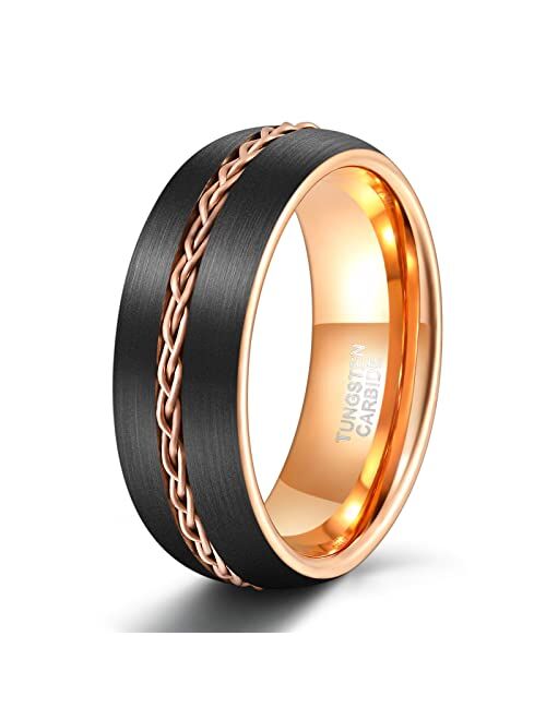 TRUMIUM 8mm Mens Tungsten Ring Grooved Gold Rope Rings Braided lnlay Wedding Band Matte Finished Comfort Fit Size 7-13