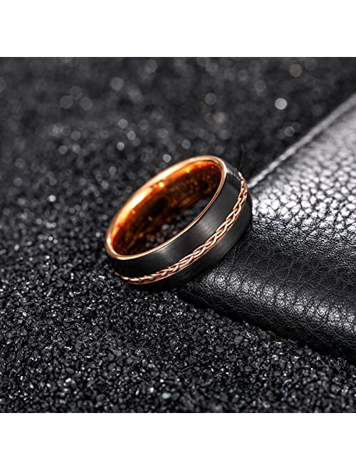 TRUMIUM 8mm Mens Tungsten Ring Grooved Gold Rope Rings Braided lnlay Wedding Band Matte Finished Comfort Fit Size 7-13