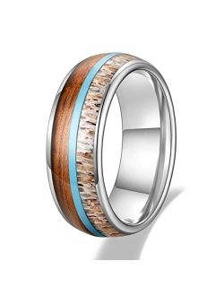TRUMIUM 8mm Mens Wedding Band Real Deer Antler Koa Wood & Turquoise Inlay Tungsten Carbide Rings Engagement Band Beveled Edges Comfort Fit Size 6-13