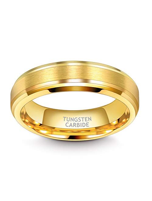 TRUMIUM 6mm 8mm Mens Womens Gold Tungsten Wedding Ring Band Brush Finish Scratch Resistant Size 5-14