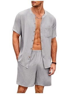 Men's Pajamas Set Short Sleeve Button Down Sleepwear Shorts Loungewear Outfits Tracksuits with Pockets