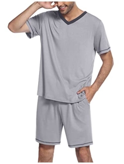 Mens Pajama Set Short Sleeve V Neck 2 Piece Nightwear Shorts With Pockets Summer Sleepwear PJS for Men