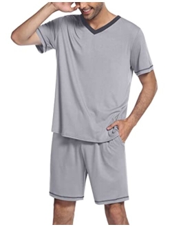 Mens Pajama Set Short Sleeve V Neck 2 Piece Nightwear Shorts With Pockets Summer Sleepwear PJS for Men