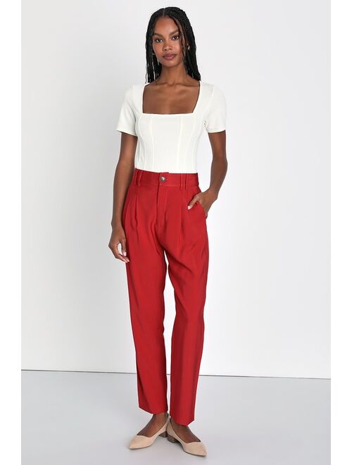 Lulus Strictly Business Rust Red High Waisted Trouser Pants