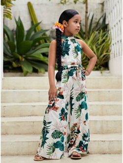 SHEIN Kids Cooltwn Girls Tropical Print Belted Halter Jumpsuit