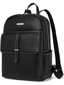Leather Laptop Backpack for Women Large Capacity 15.6 inch Computer Bag Casual College Daypack Travel Bag Black