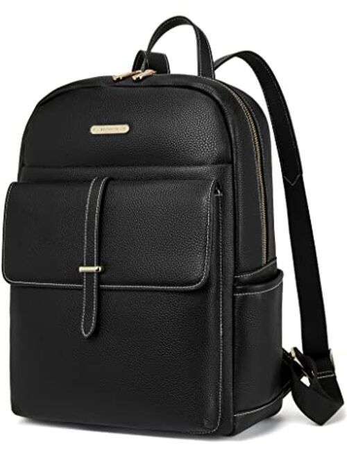 BOSTANTEN Leather Laptop Backpack for Women Large Capacity 15.6 inch Computer Bag Casual College Daypack Travel Bag Black