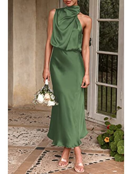 PRETTYGARDEN Women's 2023 Summer Satin Dress Elegant Sleeveless Mock Neck Cocktail Party Maxi Dresses