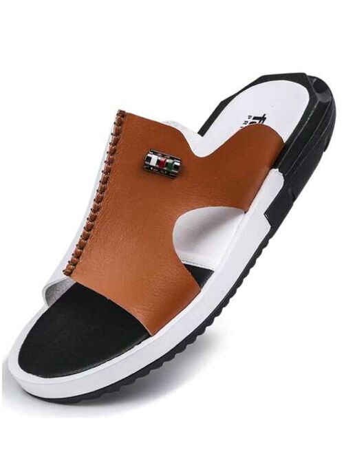 Fashionable Slides For Men Two Tone Metal Decor Cut Out Design Slippers