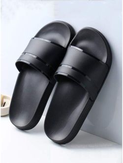 Cool Black Slide Shoes For Men Striped Pattern Single Band Shoes