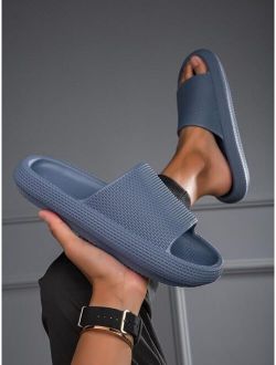 Men Textured Single Band Slippers Minimalist Blue EVA Slides For Indoor