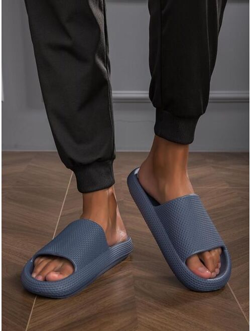 Men Textured Single Band Slippers Minimalist Blue EVA Slides For Indoor