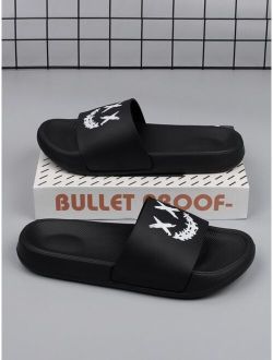 Cool Black Slide Shoes For Men Cartoon Pattern Single Band EVA Slippers