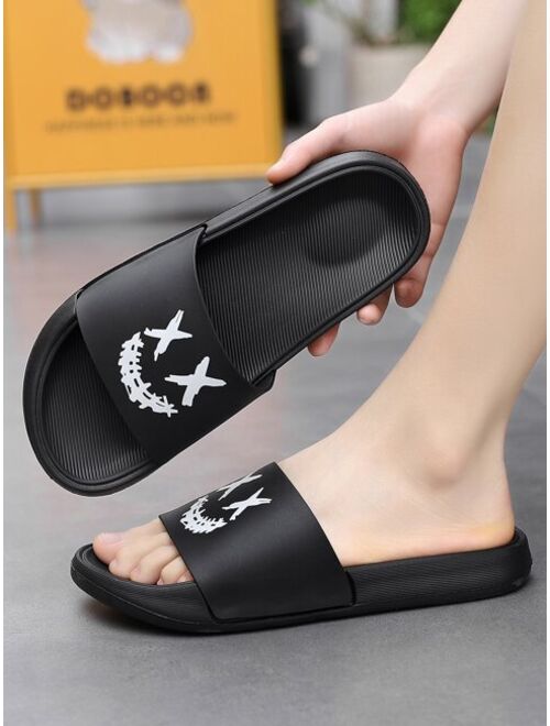 Cool Black Slide Shoes For Men Cartoon Pattern Single Band EVA Slippers