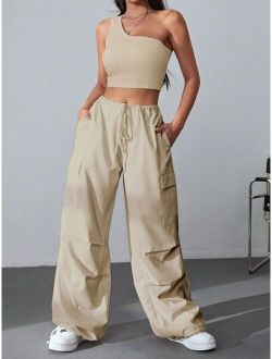 EZwear One Shoulder Crop Top & Flap Pocket Side Drawstring Waist Cargo Pants