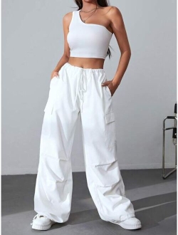 EZwear One Shoulder Crop Top & Flap Pocket Side Drawstring Waist Cargo Pants