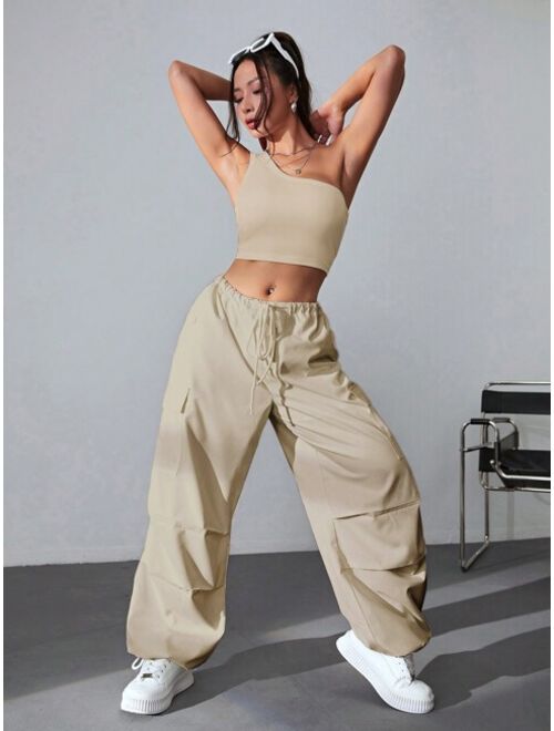 SHEIN EZwear One Shoulder Crop Top & Flap Pocket Side Drawstring Waist Cargo Pants