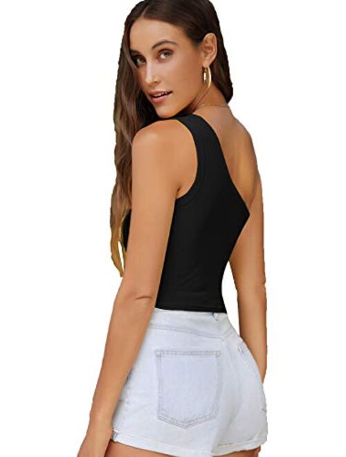 Verdusa Women's Sexy One Shoulder Sleeveless Ribbed Crop Top