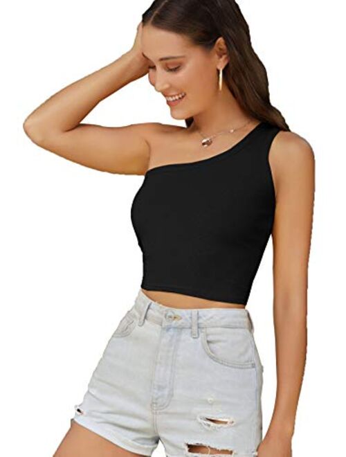 Verdusa Women's Sexy One Shoulder Sleeveless Ribbed Crop Top