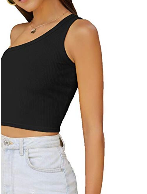 Verdusa Women's Sexy One Shoulder Sleeveless Ribbed Crop Top