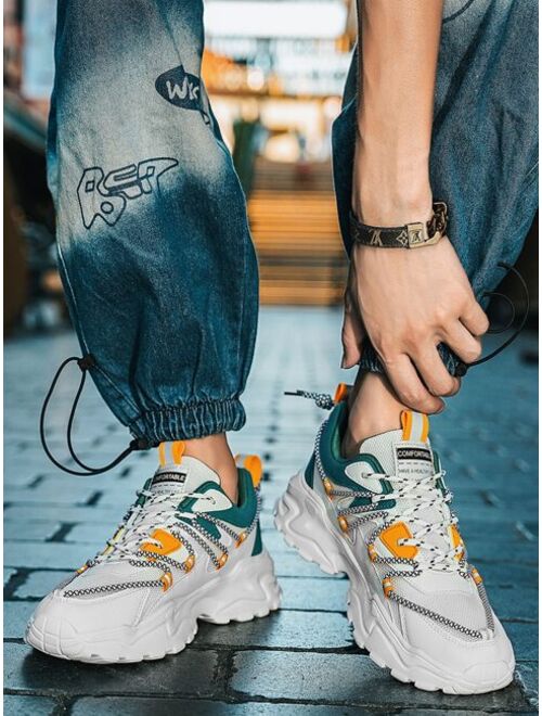Shein Men Color Block Letter Patch Decor Lace-up Front Chunky Sneakers