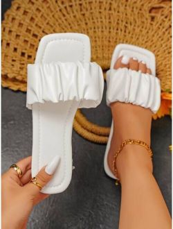 Fashionable Outdoors Flat Slippers for Women, Ruched Plain Artificial Leather Open Toe Slide Sandals