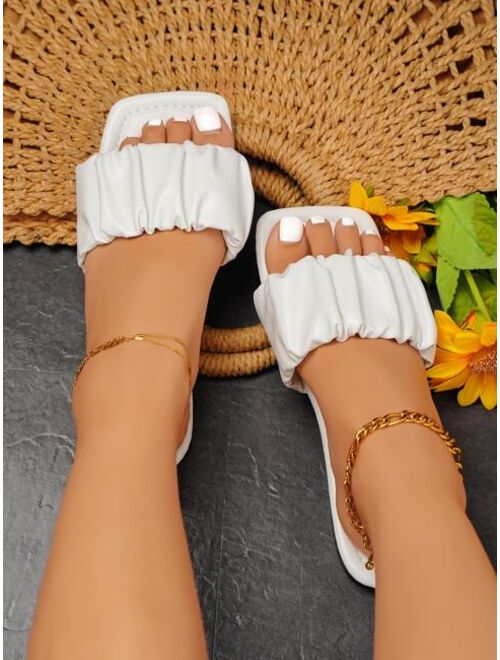 Shein Fashionable Outdoors Flat Slippers for Women, Ruched Plain Artificial Leather Open Toe Slide Sandals