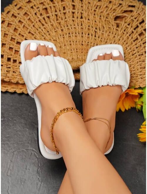Shein Fashionable Outdoors Flat Slippers for Women, Ruched Plain Artificial Leather Open Toe Slide Sandals