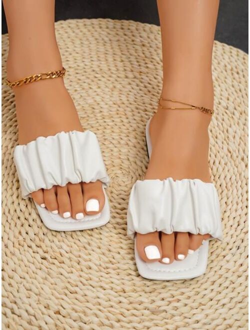 Shein Fashionable Outdoors Flat Slippers for Women, Ruched Plain Artificial Leather Open Toe Slide Sandals