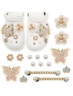 Etomiel Bling Shoe Charms for Girls Women, Designer Jewelry Shoe Charms Pearl Diamond Chain Shiny Butterfly Flower Charms Decoration, Gold Chrams Accessories Clog Sandals