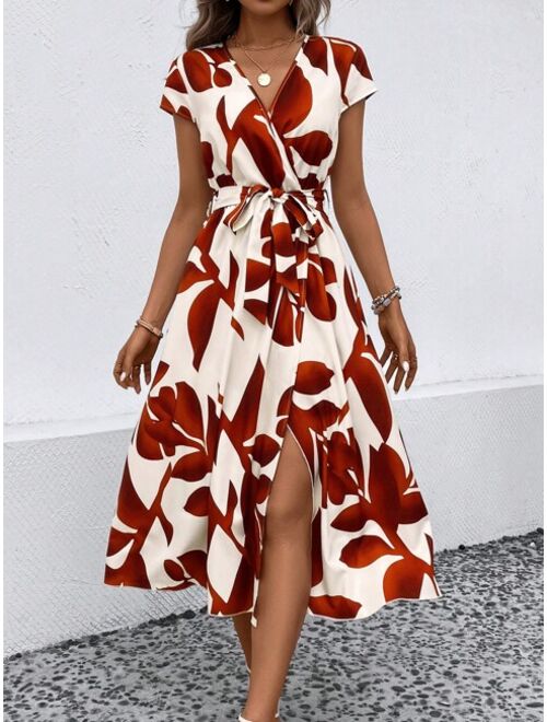 SHEIN VCAY Allover Print Belted Wrap Dress