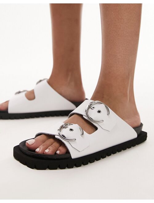 Topshop Prince leather flat sandals with buckles in white