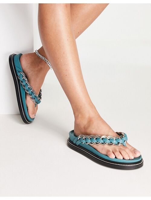 ASOS DESIGN Festive premium leather chain flat sandals in teal