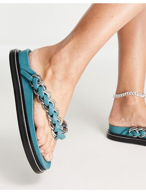 ASOS DESIGN Festive premium leather chain flat sandals in teal