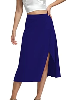 LYANER Women's Casual Print Side Split High Waist Zipper Midi Skirt