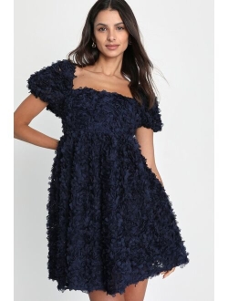 Precious Passion Navy Blue Floral Puff Sleeve Babydoll Dress