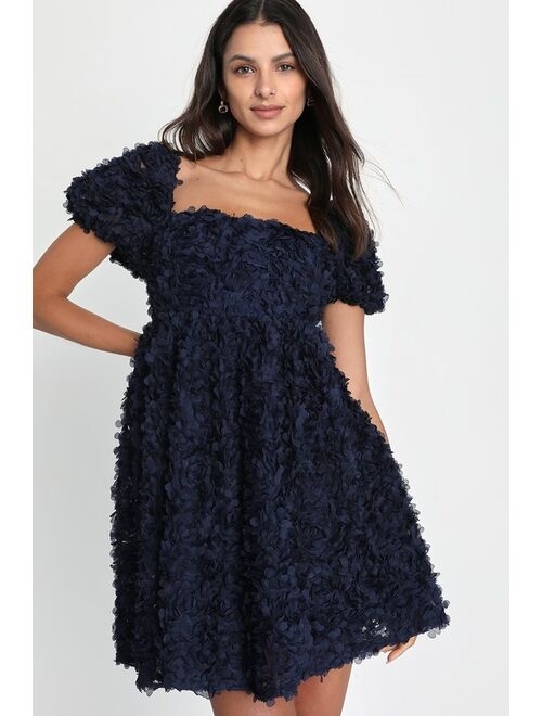 Lulus Precious Passion Navy Blue Floral Puff Sleeve Babydoll Dress